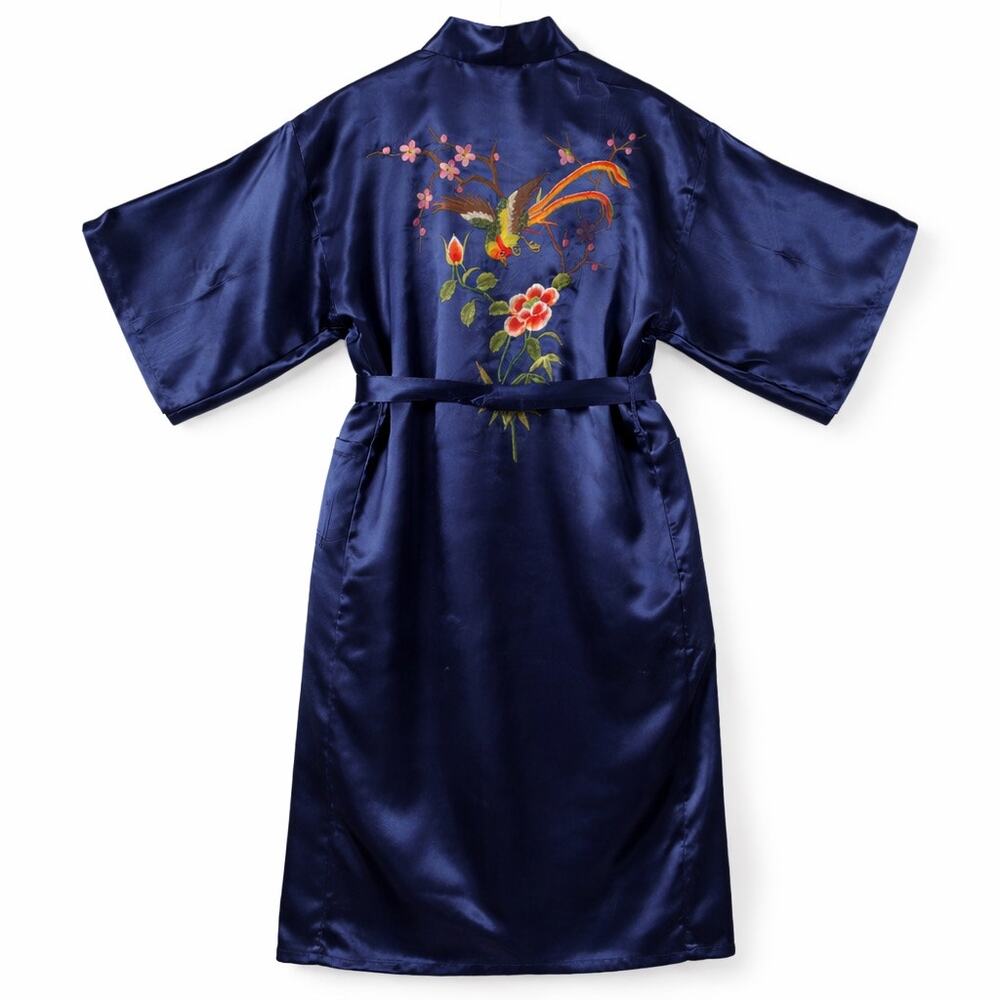 Vintage Goldfish Brand Boho Satin Kimono Robe Embroidered Bird Floral Size S